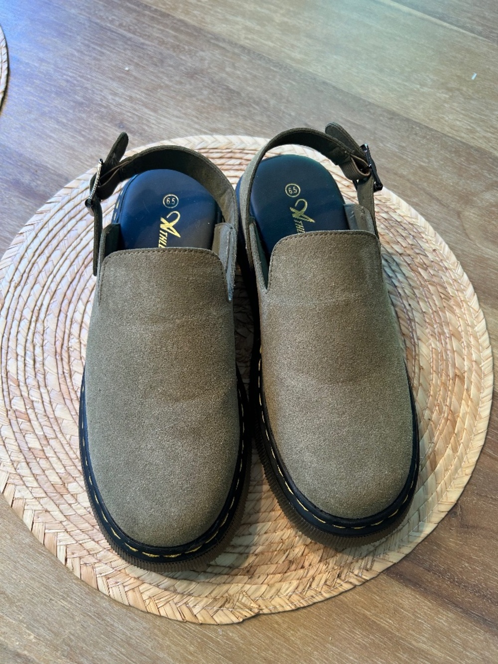 ATHLEFIT OLIVE GREEN SUEDE CLOGS - SIZE 6.5